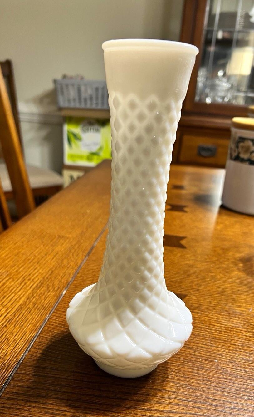 Vintage Randall White Milk Glass Bud Vase 9” Diamond Quilted Pattern Marked Base